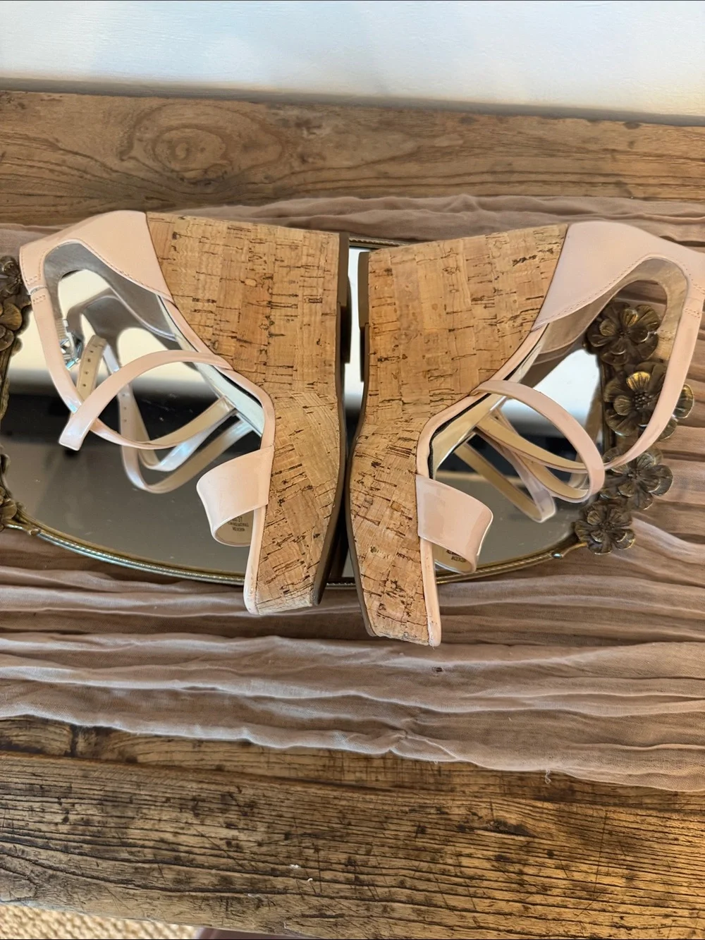 Jessica Simpson Pastel Pink Patent Cork Wedge Strappy Sandals